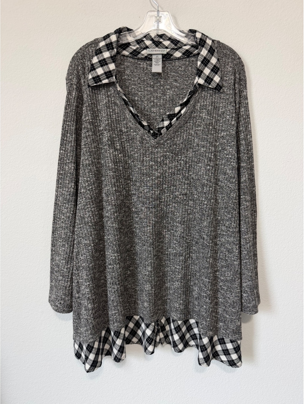 Catherines Long Sleeve V-Neck Collared Gray Ribbed Plaid Layered Sweater Size 4X